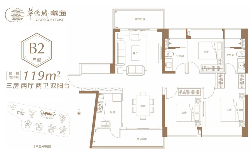 二区B2户型 3房2厅2卫2阳台