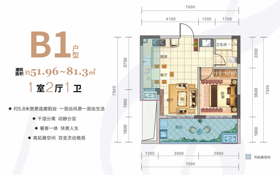 B1户型 1房2厅1卫