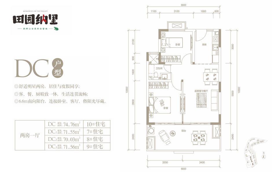 DC户型 两房一厅 建面约74.76m&sup2;