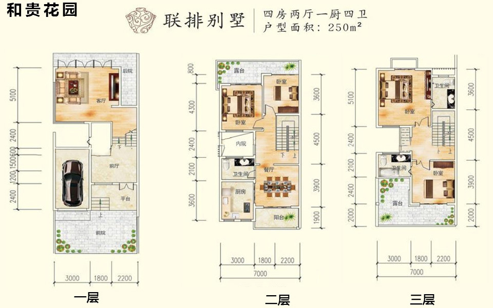 联排别墅 4房2厅1厨4卫 250.00㎡