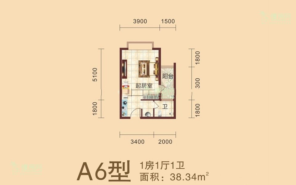 A6户型 1房1厅1卫1厨 38.34㎡