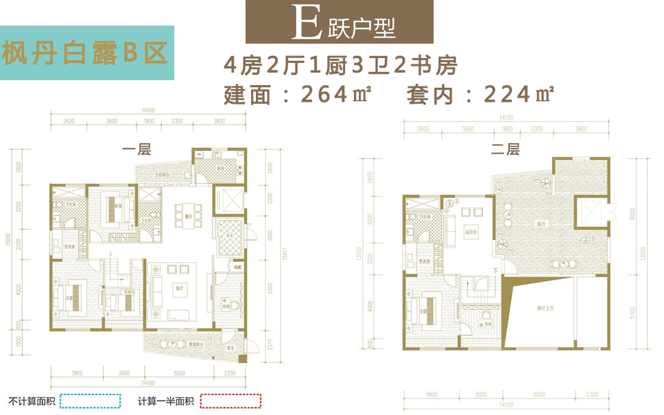 E跃户型 4房2厅1厨3卫2书房 建面约264m&sup2;
