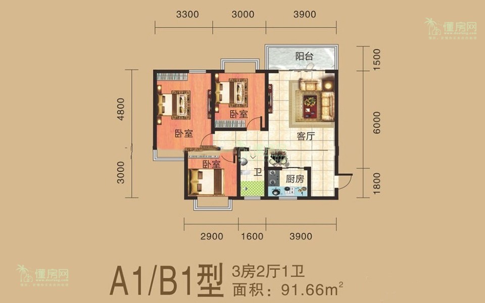 A1、B1户型 3房2厅1卫1厨 91.66㎡