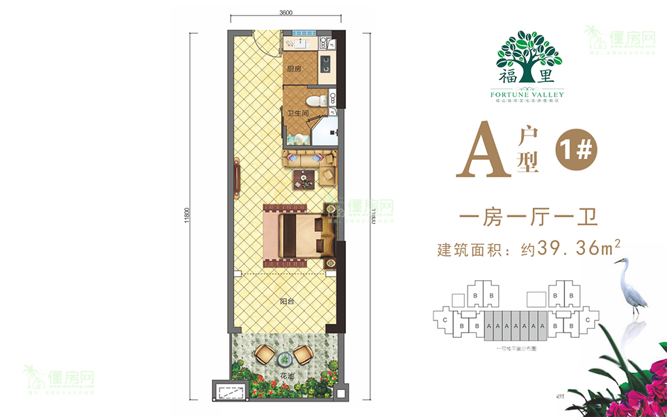 A户型1# 1房1厅1卫 建面约39.36m&sup2;