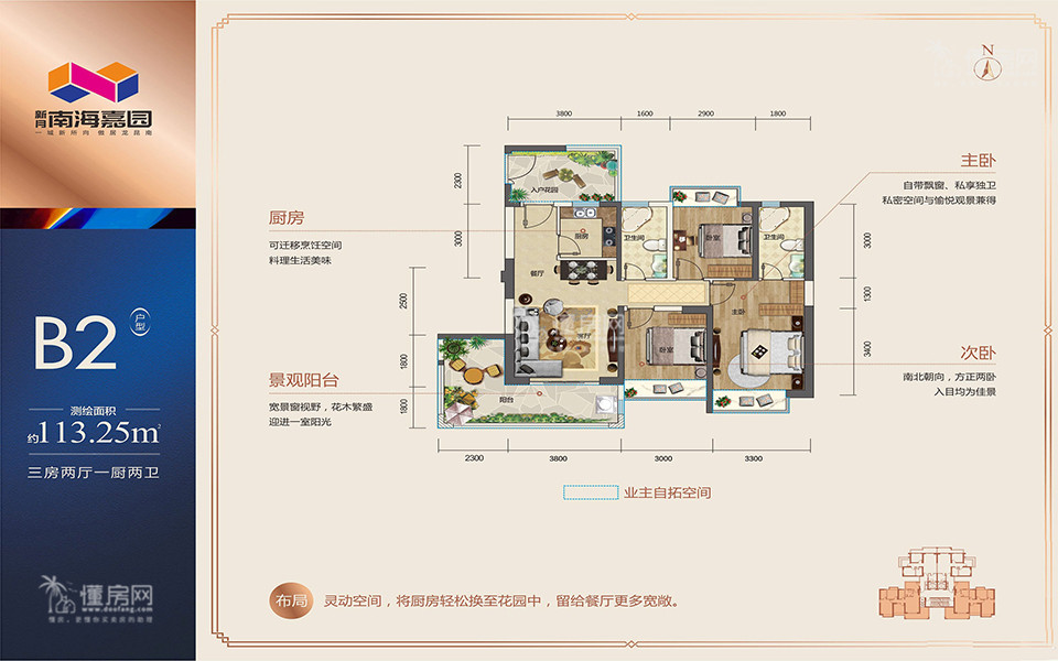B2户型 3房2厅1厨2卫 建面约113.25m&sup2;