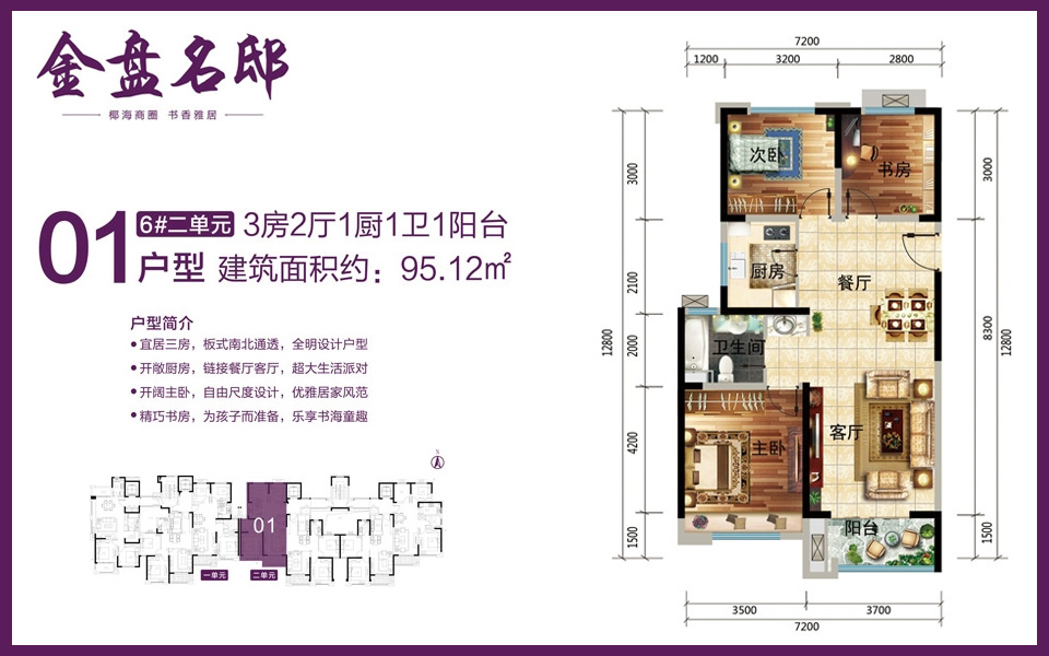 6#2单元01户型 3室2厅1卫1厨 建面约95.12m&sup2;