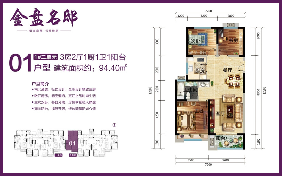 1#2单元01户型 3室2厅1卫1厨 建面约94.4m&sup2;