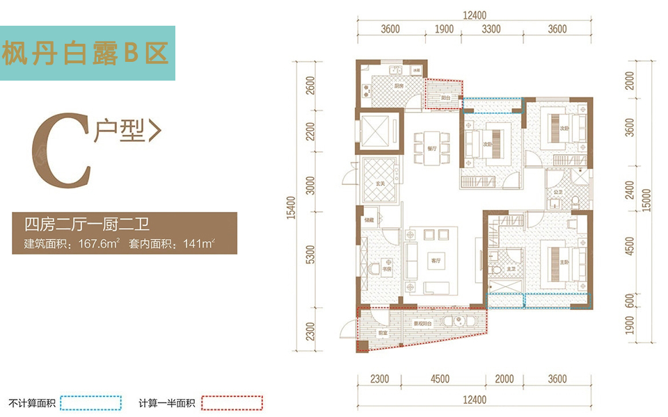 C户型 4房2厅1厨2卫 建面约167.6m&sup2;