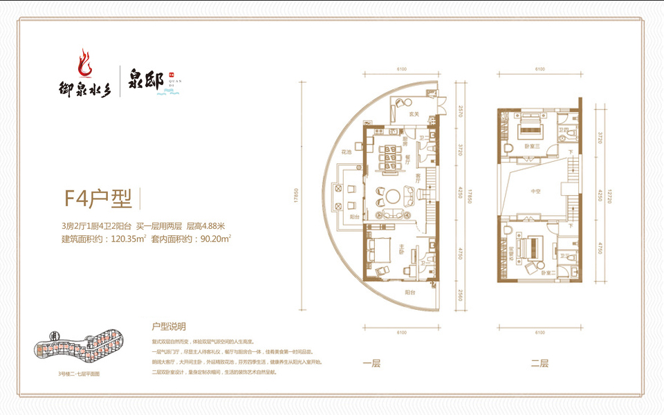 F4户型 3房2厅1厨4卫 建面约120.35m&sup2;