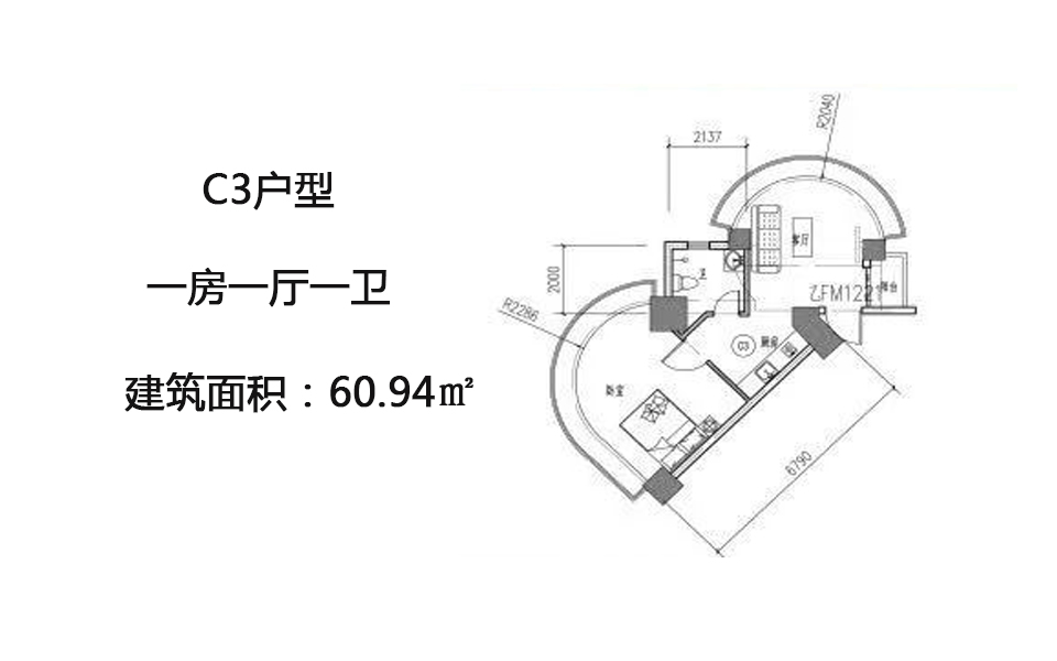 C3户型 一房一厅一卫 60.94