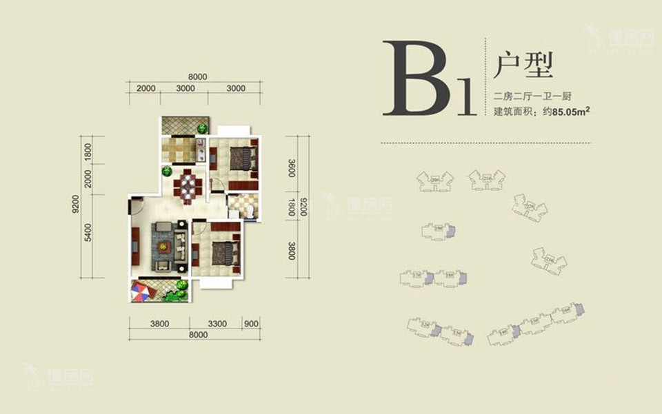 三期海棠园B1户型 2房2厅1卫1厨 85.05㎡