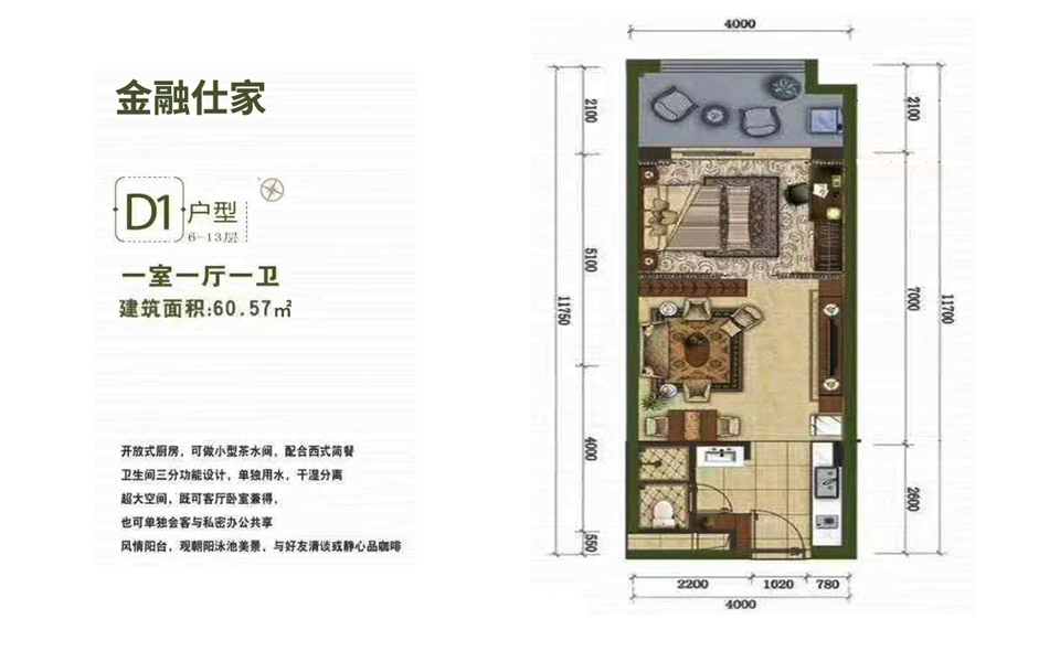 金融仕家D1户型 一室一厅户型图