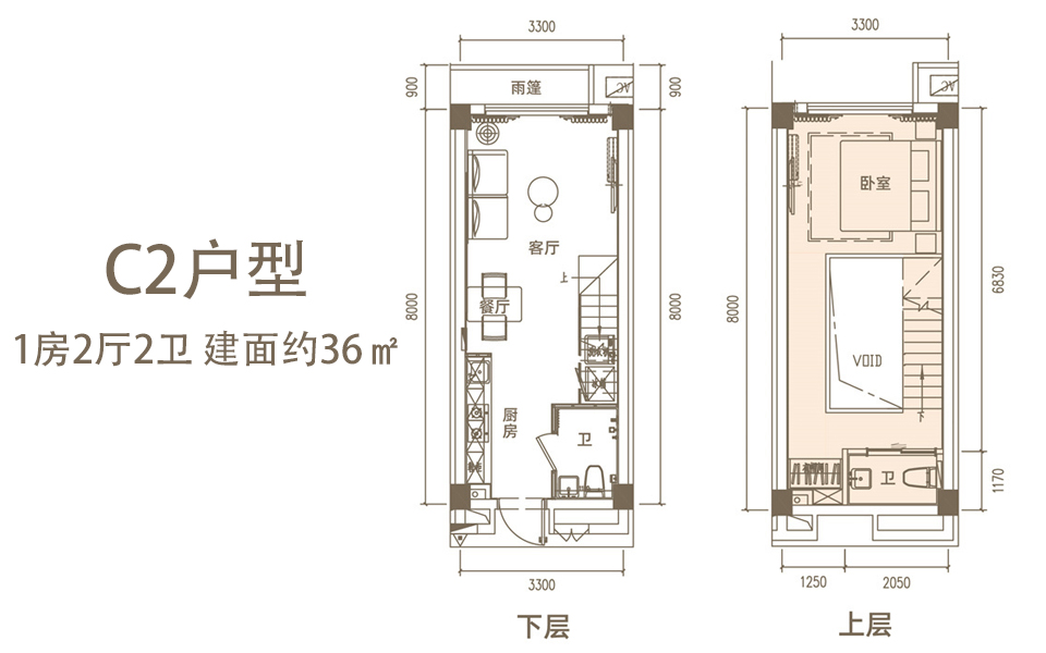 C2户型 1房2厅2卫
