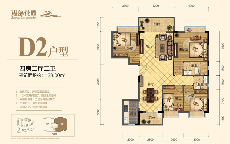 D2户型 4房2厅2卫 建面约128m&sup2;