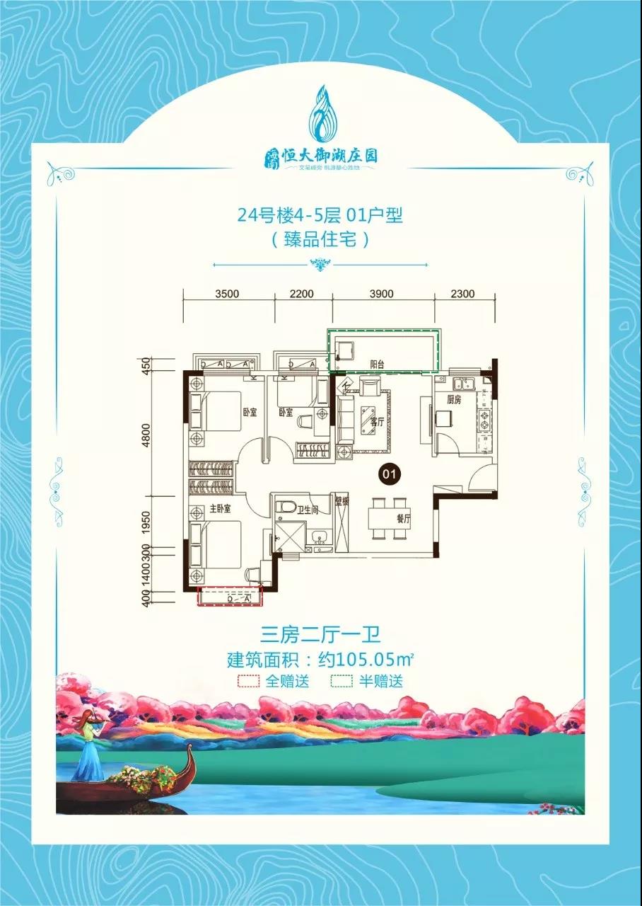 01户型建筑面积约105㎡ 三房 01户型建筑面积约105㎡ 三房