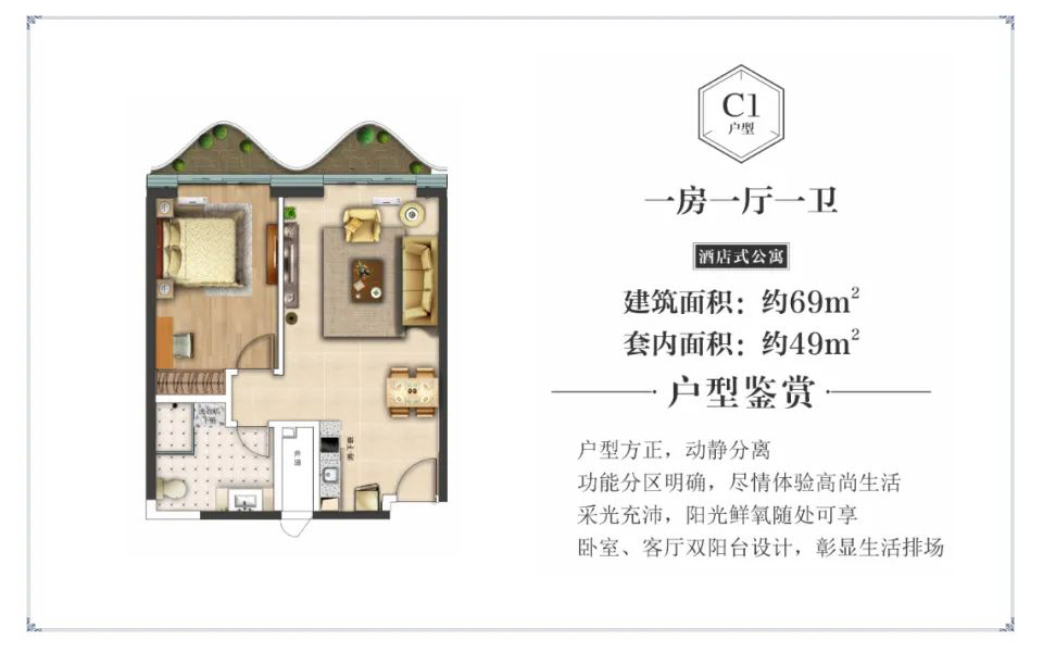 C1户型 1房1厅1卫 70㎡
