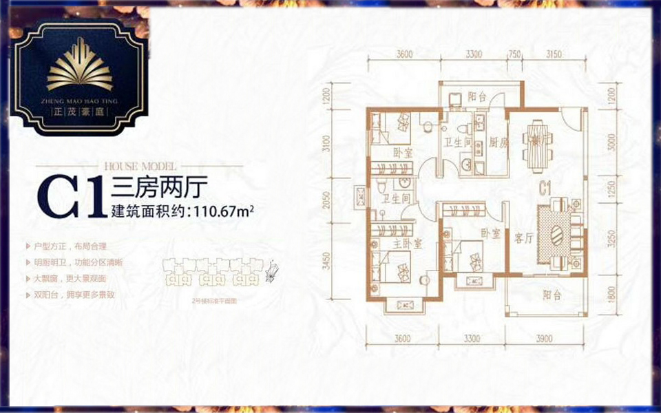 C1户型图 3室2厅2卫1厨  建筑面积110.67㎡