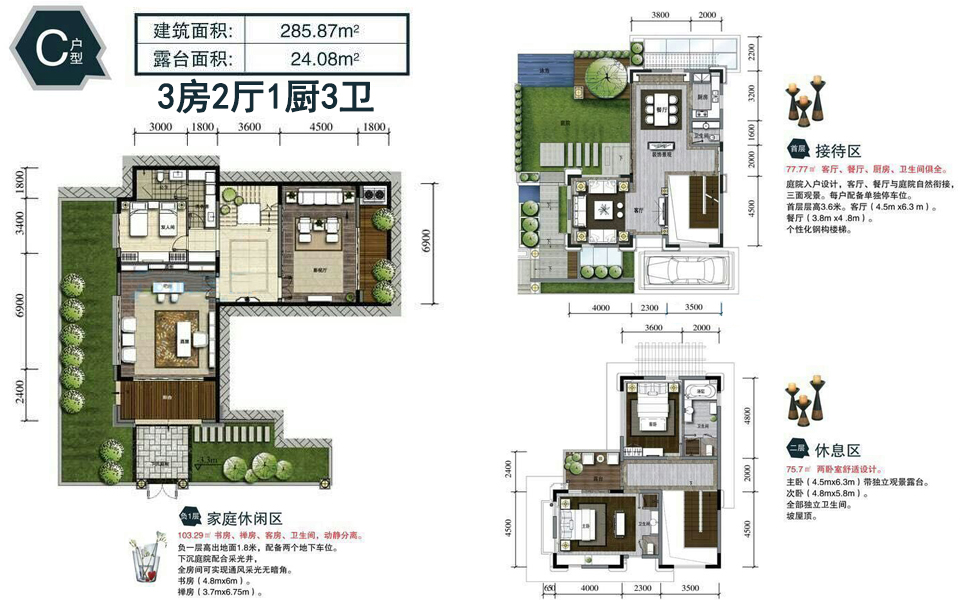 C户型别墅 3房2厅1厨3卫 285.87㎡