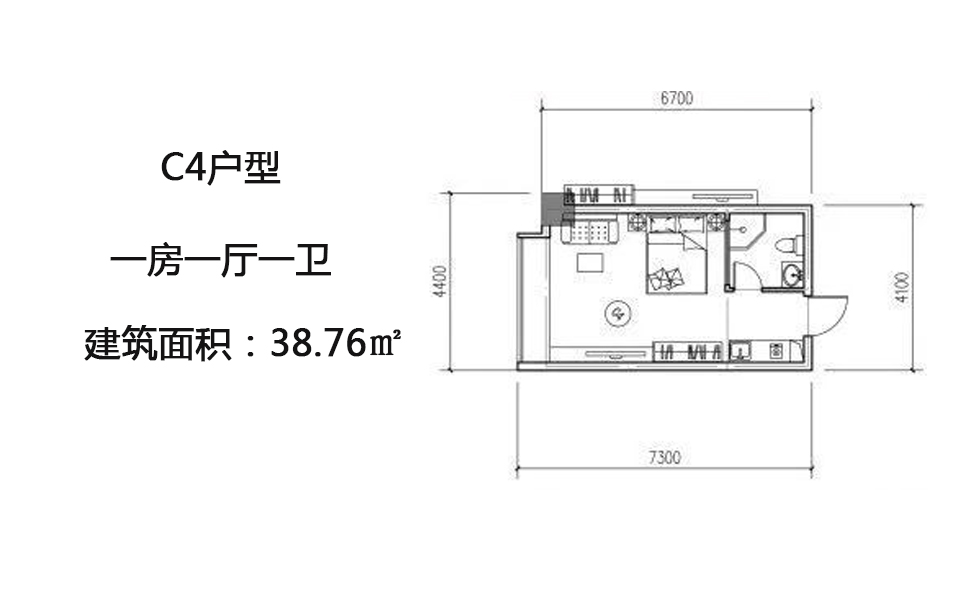 C4户型 一房一厅一卫 38.76