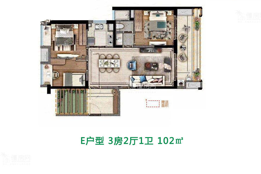 E户型 3房2厅1卫 102㎡