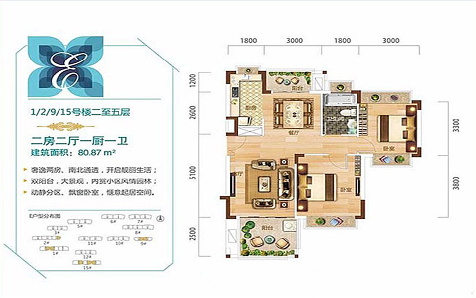 E户型 2室2厅1卫1厨 80.87㎡