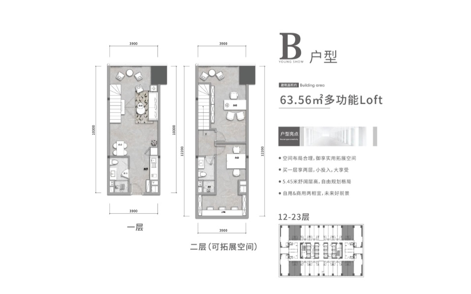 loftB户型 一房两厅两卫 