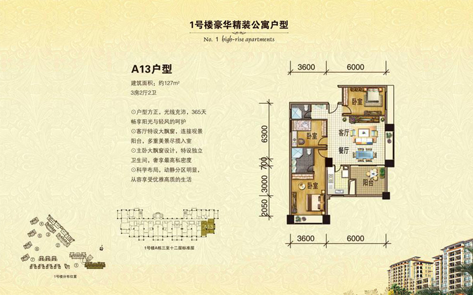 1号楼 A13户型 3房2厅2卫 建面约127m²