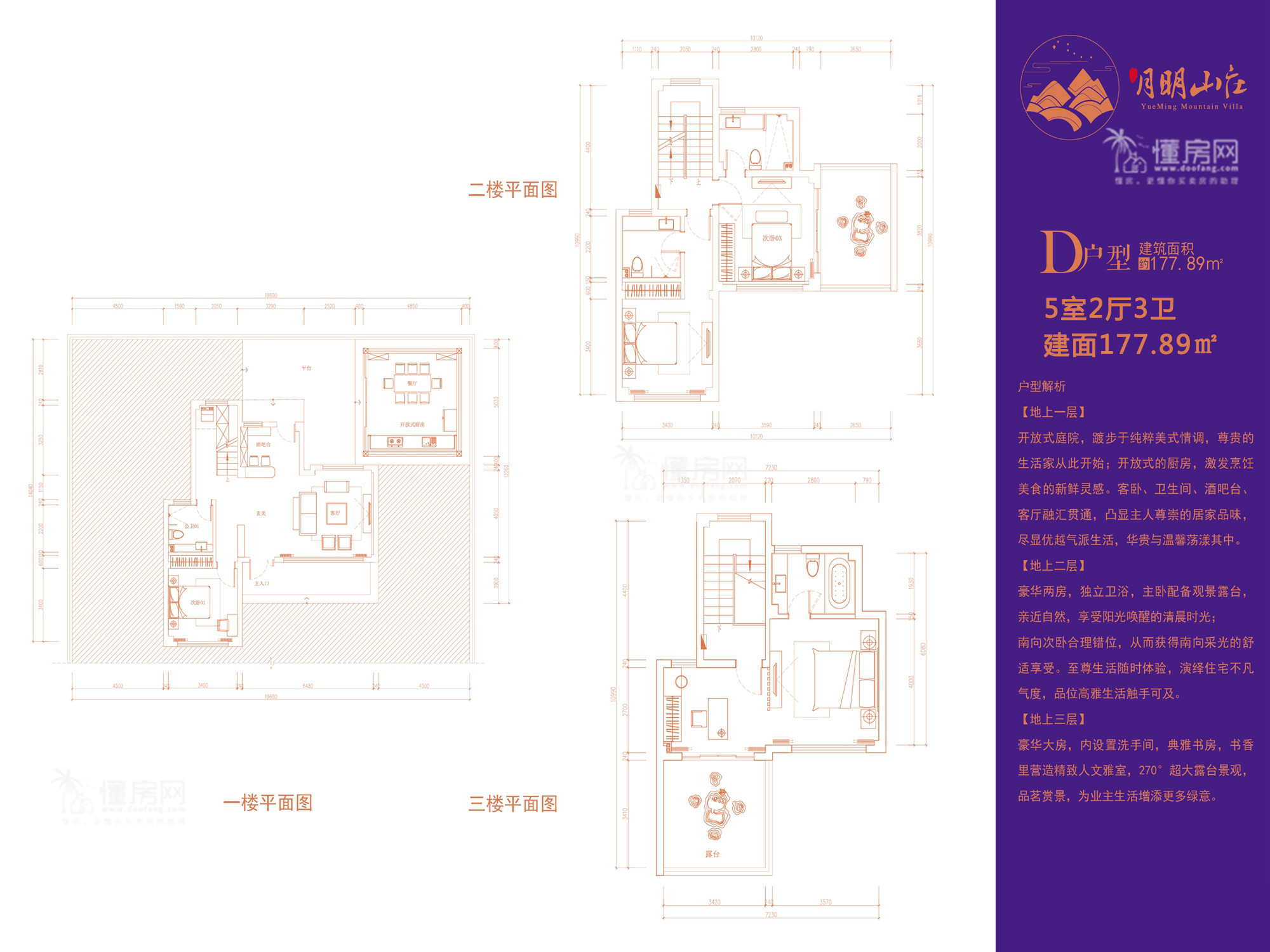 魁星月明山庄D户型5室2厅3卫 建面177.89㎡