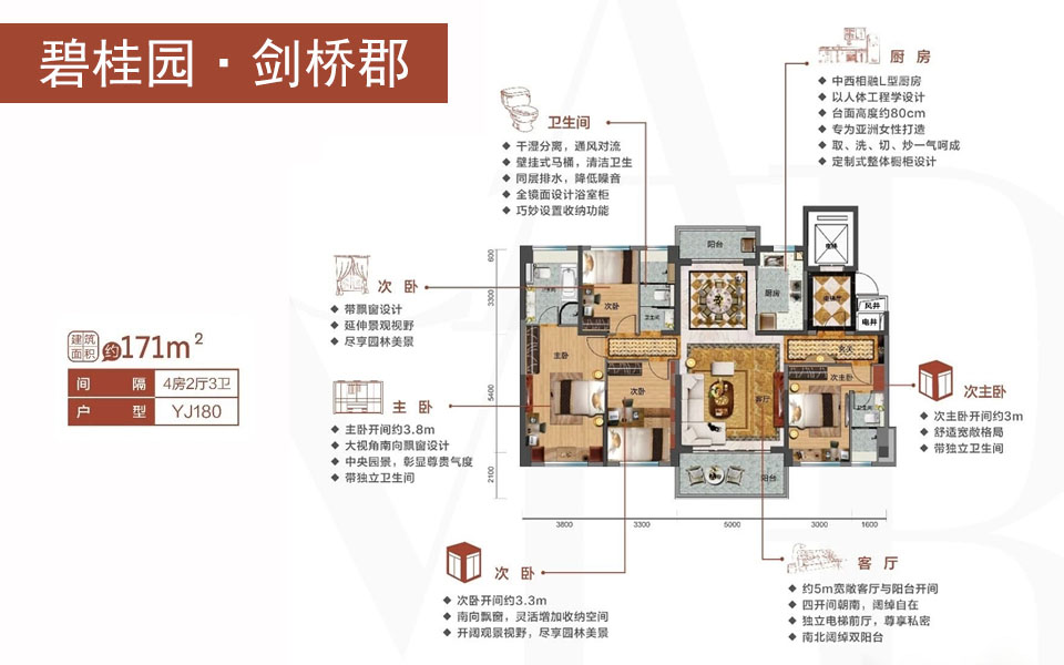 碧桂园剑桥郡YJ180户型 4房2厅3卫 户型图