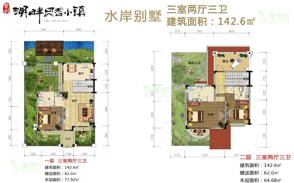 首创湖畔思香小镇 水岸别墅 三室两厅三卫 建筑面积:142.6㎡