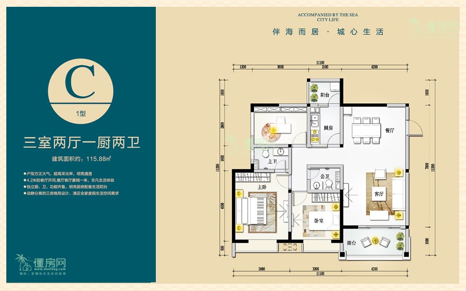 C户型 3房2厅2卫 115.88㎡