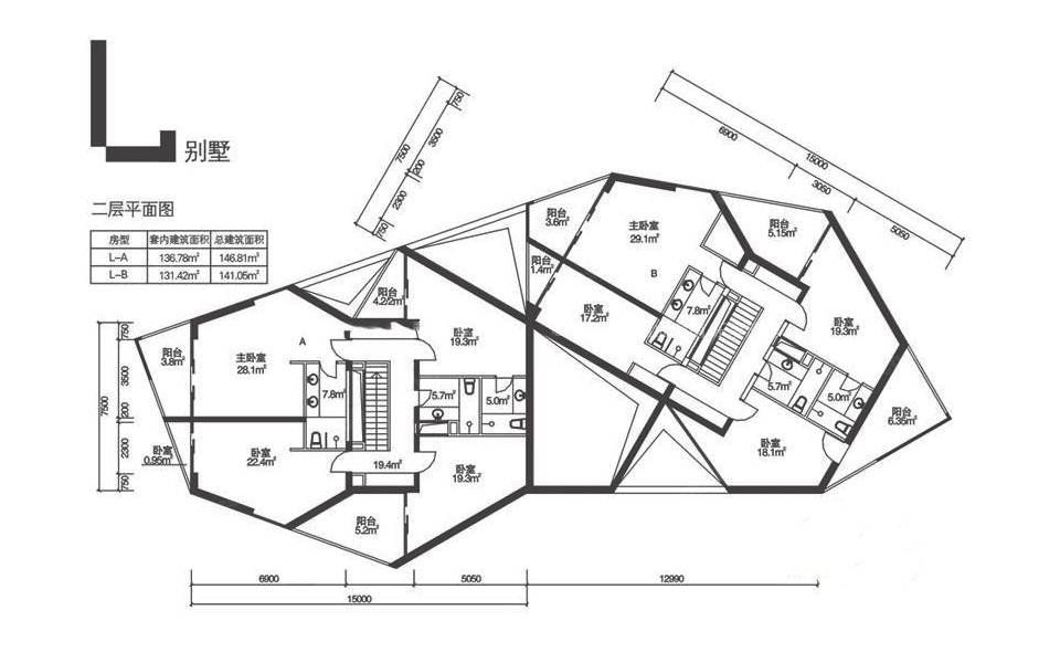 l别墅二层平面图 7房2厅