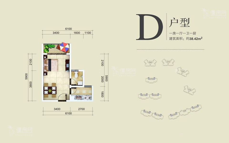三期海棠园D户型 1房1厅1卫1厨 38.42㎡