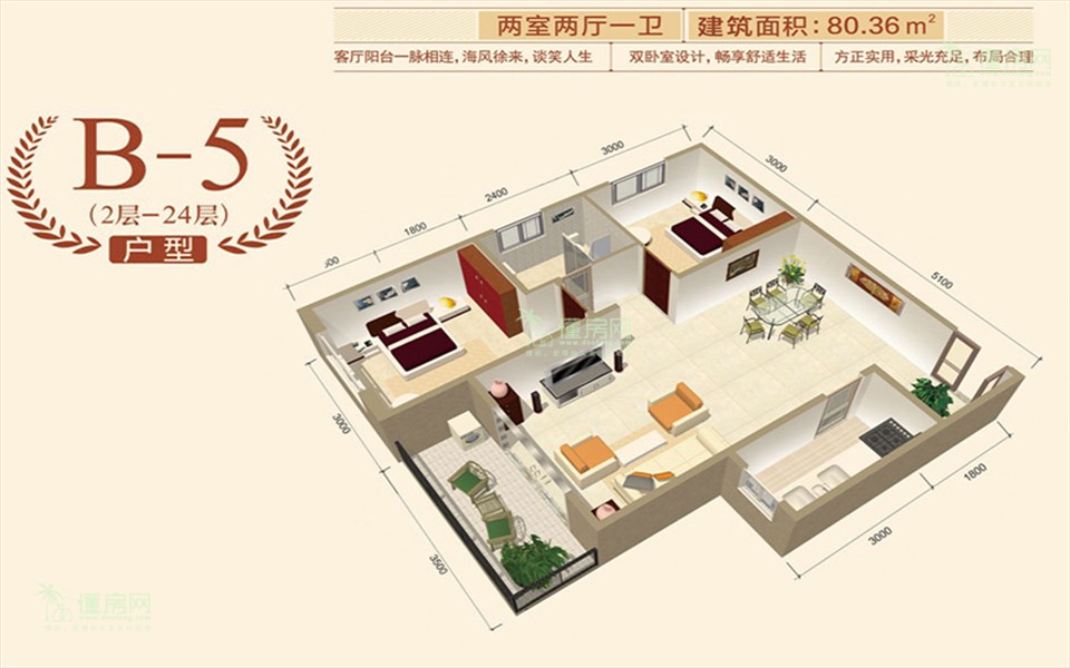 中视金海湾B5户型图 2室2厅1卫  建筑面积80.36㎡