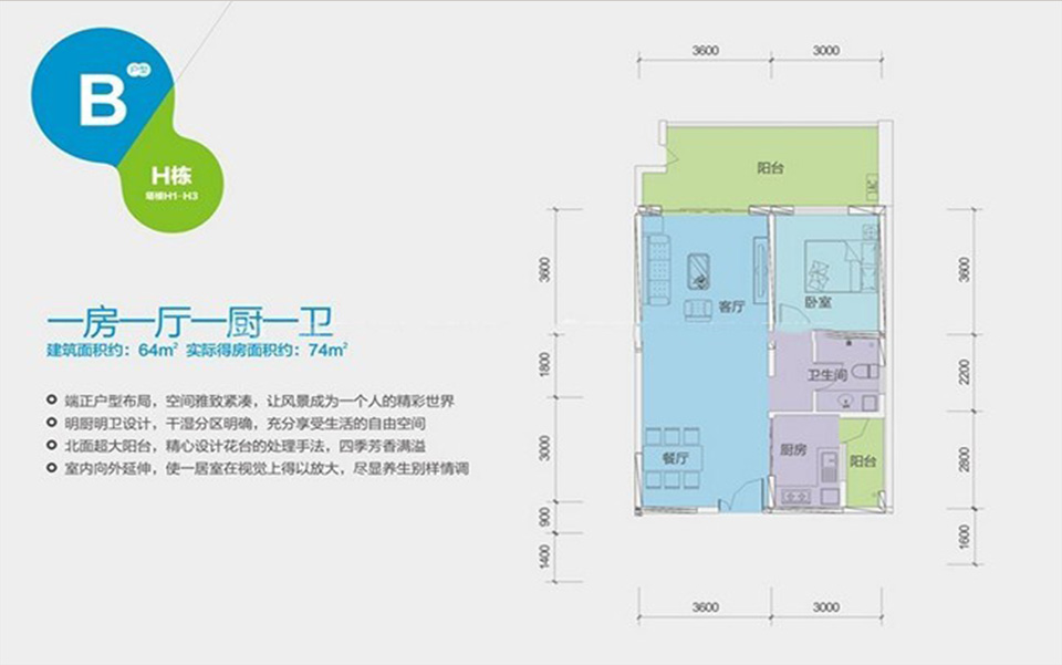 温泉小镇H栋B户型1室1厅1卫1厨64.00 m2