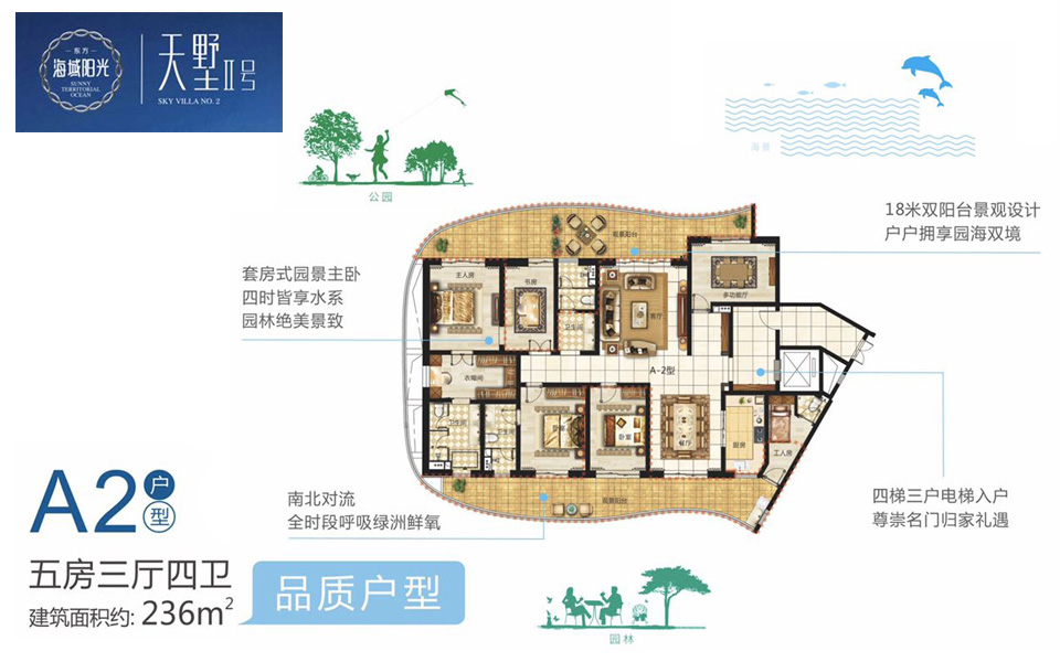 A2户型 5房3厅4卫 建面约236m&sup2;