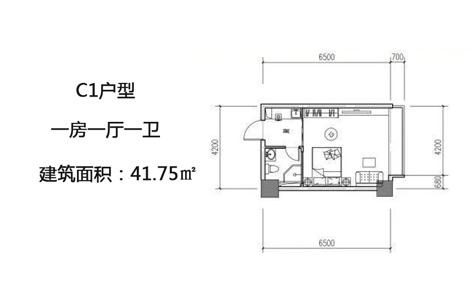 C1户型 一房一厅一卫 41.75