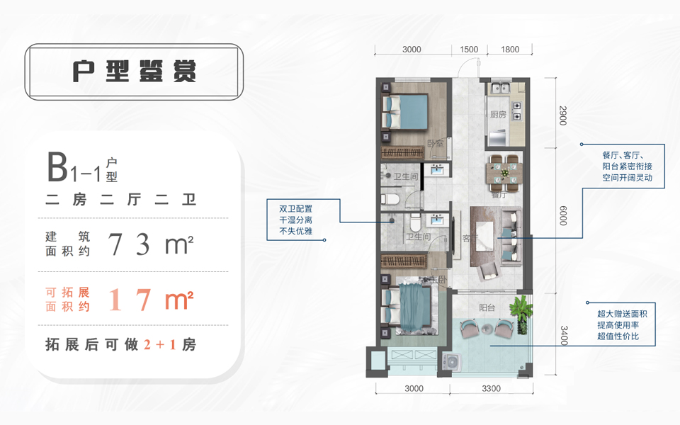 创意空间B1-1户型 2房2厅