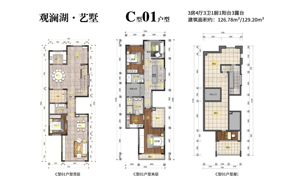 C型01户型 三室四厅三卫一厨一阳台三露台 