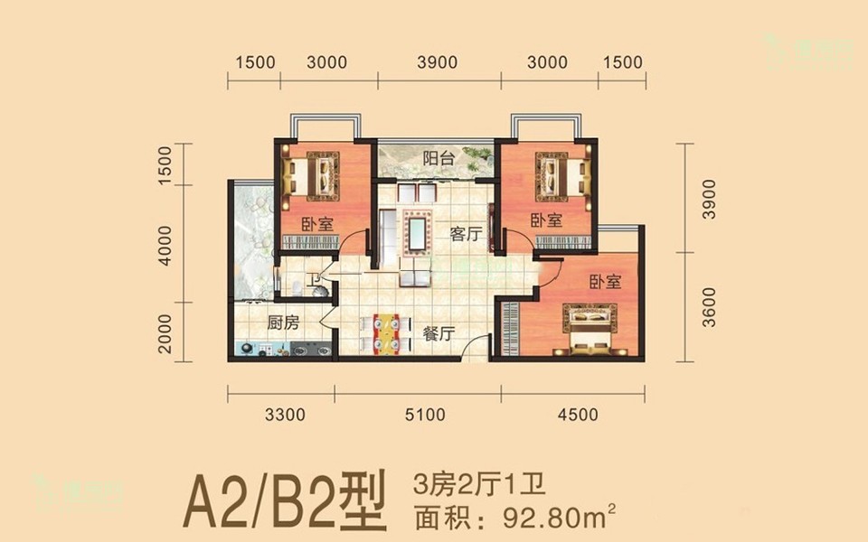 A2、B2户型 3房2厅1卫1厨 92.80㎡