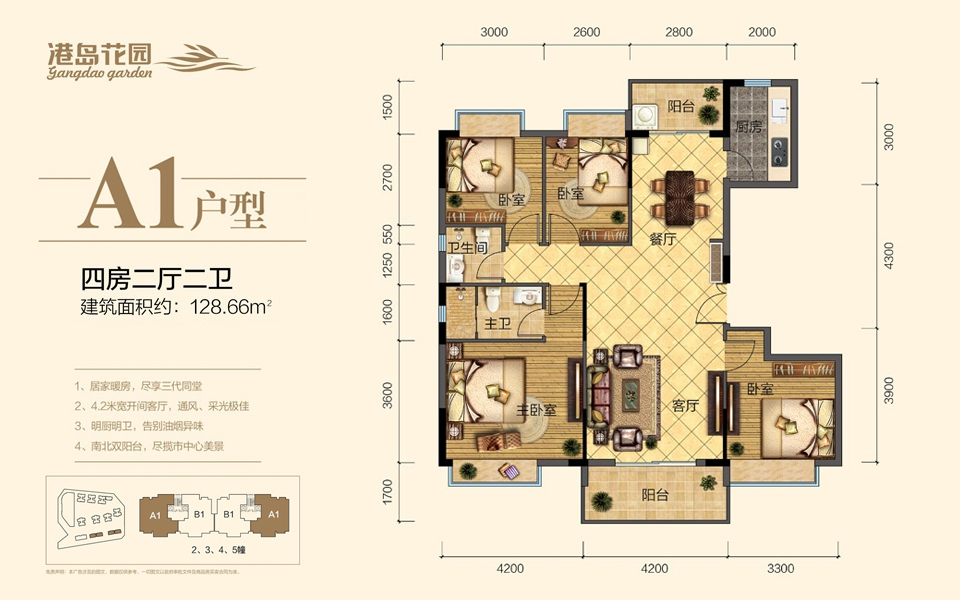 A1户型 4房2厅2卫 建面约128.66m&sup2;