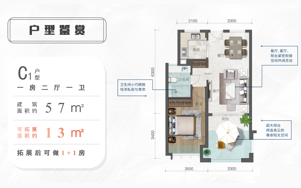 创意空间C1户型 1房2厅