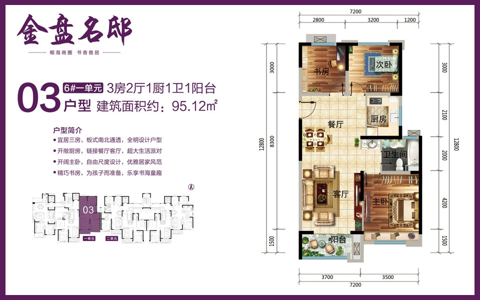 6#1单元03户型 3室2厅1卫1厨 建面约95.12m&sup2;