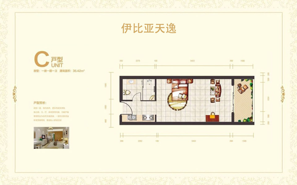 C户型 1房1厅1卫1厨 建面约36.42m&sup2;