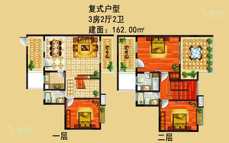 复式01户型 3房2厅2卫 162.00㎡