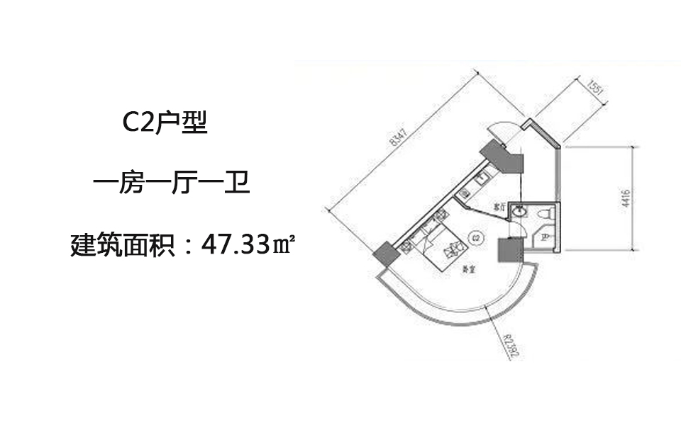 C2户型 一房一厅一卫 47.33