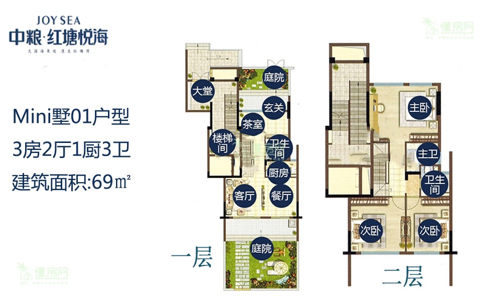 Mini墅01户型 3房2厅1厨3卫 69㎡