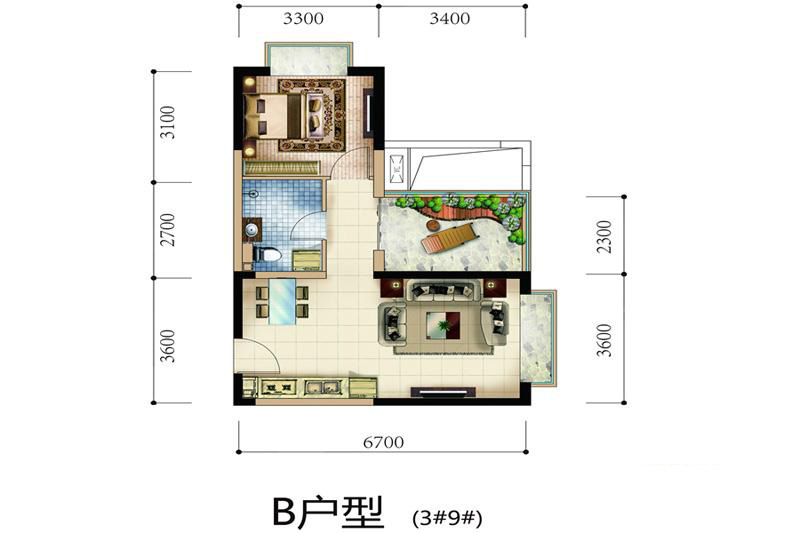 天地&middot;凤凰城B户型 1室2厅1卫1厨66㎡
